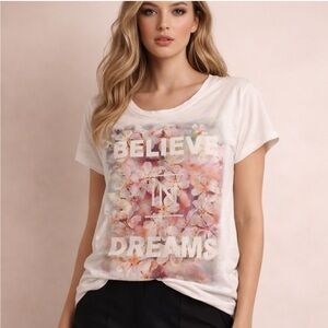 Style & Co Petite “Believe in Dreams” Graphic Tee – Floral Print | P/P